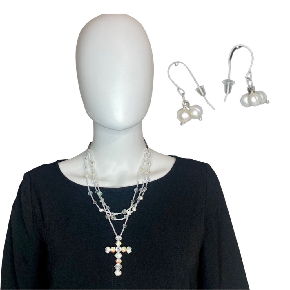 Heavenly Swarovski Crystal Cross Necklace & Freshwater Pearl Earring Set - Picture 3 of 9
